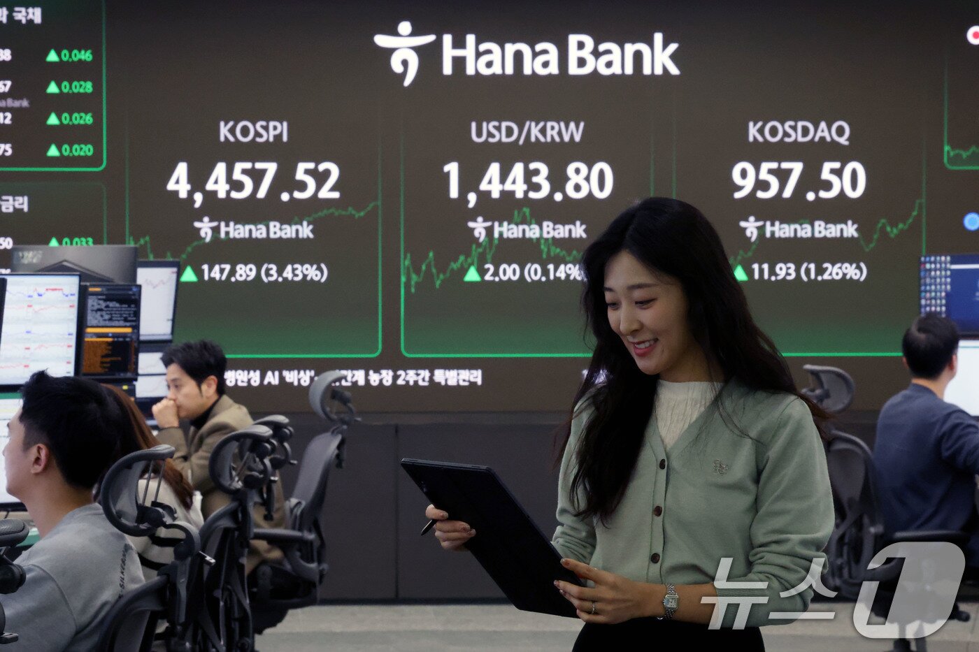 본문 이미지 - 코스피가 종가 기준 역대 최고치를 기록한 5일 서울 중구 하나은행 본점 딜링룸 현황판에 코스피 지수가 전장대비 147.89포인트(3.43%)상승한 4,457.52를 나타내고 있다. 2026.1.5/뉴스1 ⓒ News1 이광호 기자