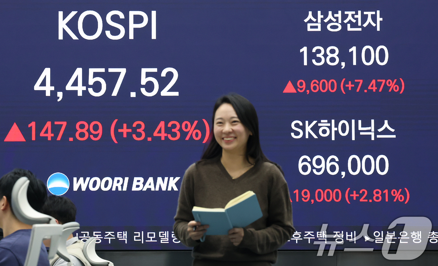 (서울=뉴스1) 오대일 기자 = 코스피가 국내 반도체 대장주 삼성전자·SK하이닉스의 강세에 힘입어 사상 최고치 기록을 갈아치운 5일 오후 서울 중구 우리은행 본점 딜링룸 전광판에 …