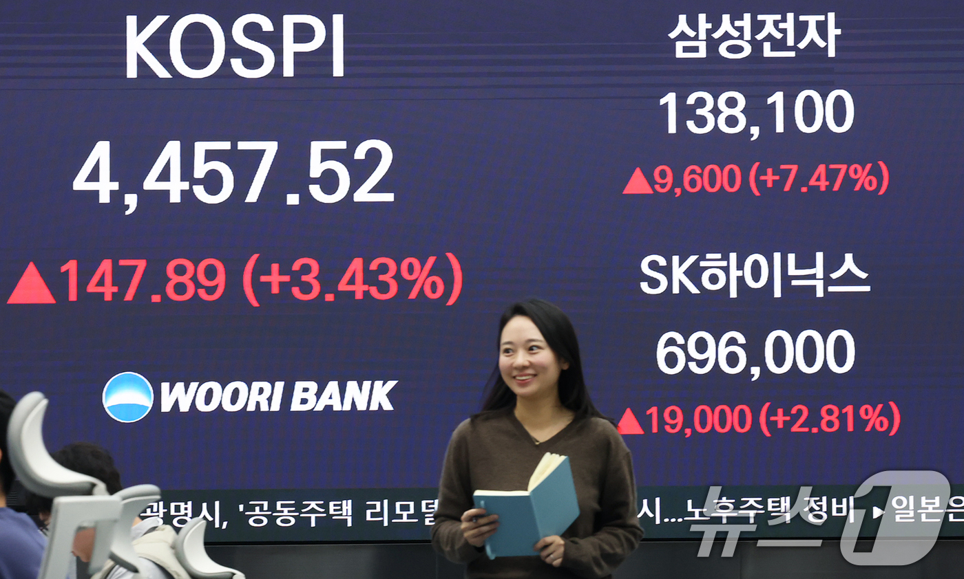 (서울=뉴스1) 오대일 기자 = 코스피가 국내 반도체 대장주 삼성전자·SK하이닉스의 강세에 힘입어 사상 최고치 기록을 갈아치운 5일 오후 서울 중구 우리은행 본점 딜링룸 전광판에 …