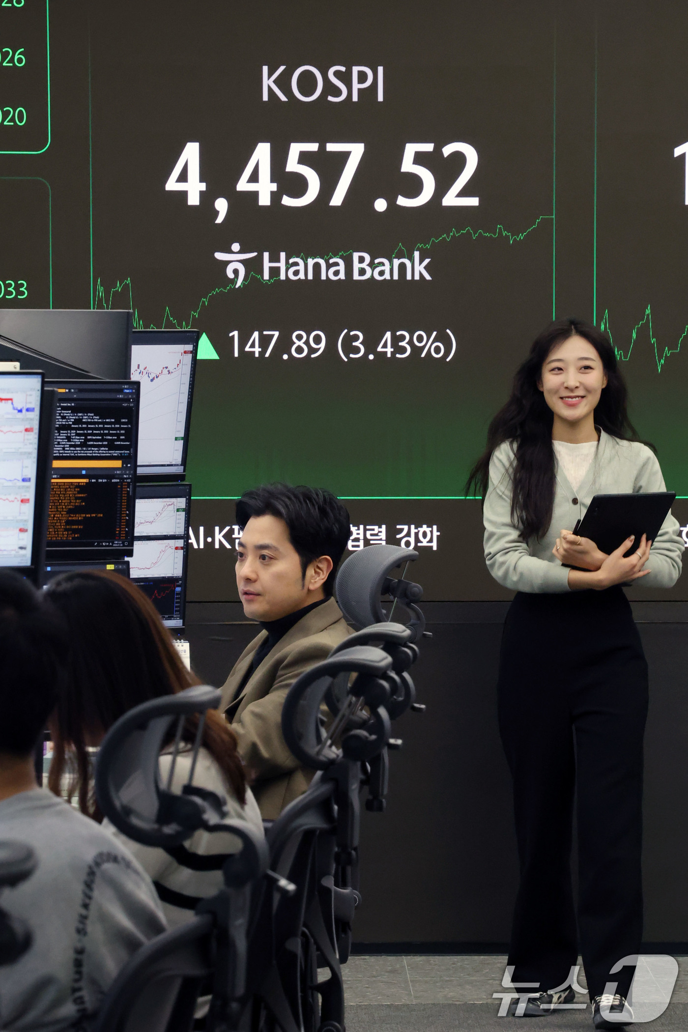 (서울=뉴스1) 이광호 기자 = 코스피가 종가 기준 역대 최고치를 기록한 5일 서울 중구 하나은행 본점 딜링룸 현황판에 코스피 지수가 전장대비 147.89포인트(3.43%)상승한 …