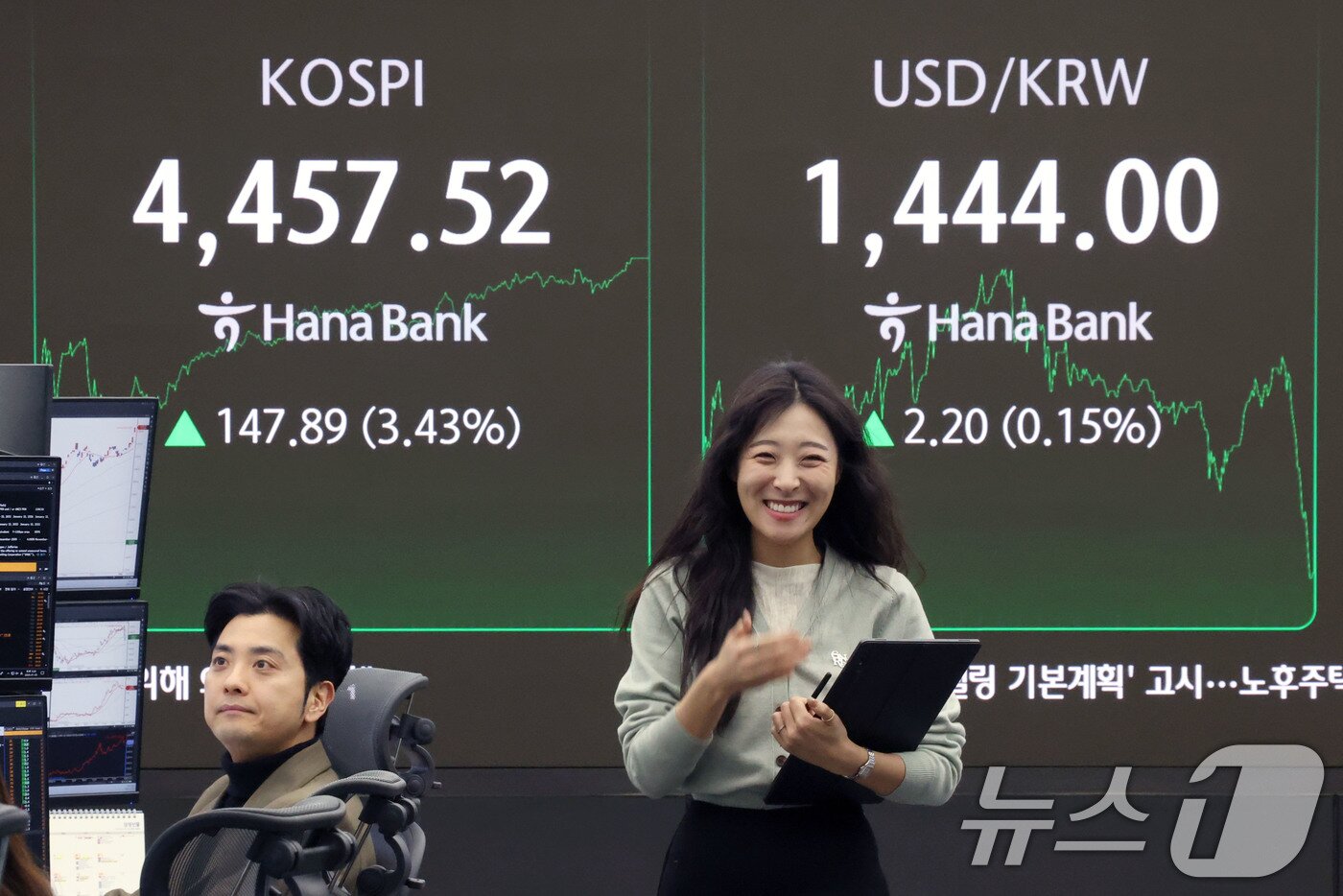 본문 이미지 - 코스피가 종가 기준 역대 최고치를 기록한 5일 서울 중구 하나은행 본점 딜링룸 현황판에 코스피 지수가 전장대비 147.89포인트(3.43%)상승한 4,457.52를 나타내고 있다. 2026.1.5/뉴스1 ⓒ News1 이광호 기자