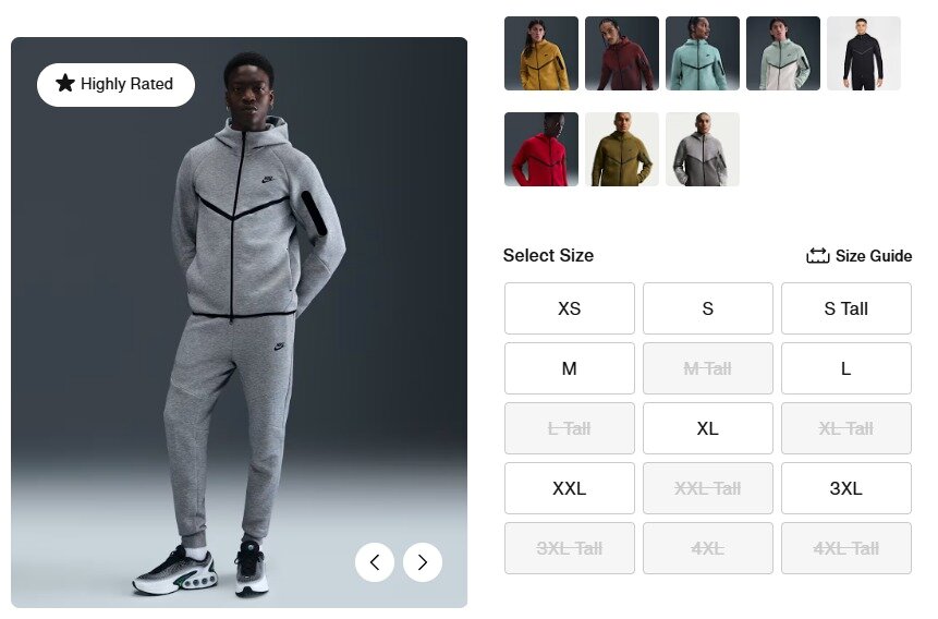 본문 이미지 - 일부 사이즈가 품절된 나이키 운동복(나이키 홈페이지 갈무리)