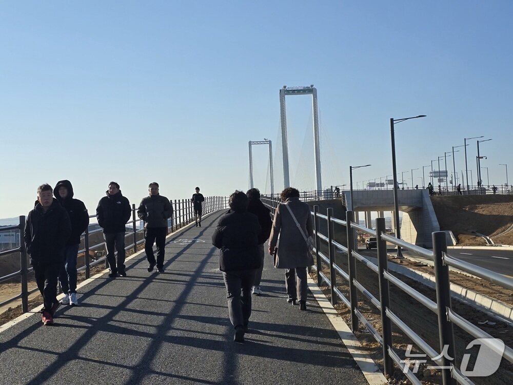 본문 이미지 - 제3연륙교에 마련된 보도를 통해 시민들이 산책에 나서고 있다. / 뉴스1 ⓒ News1 유준상 기자