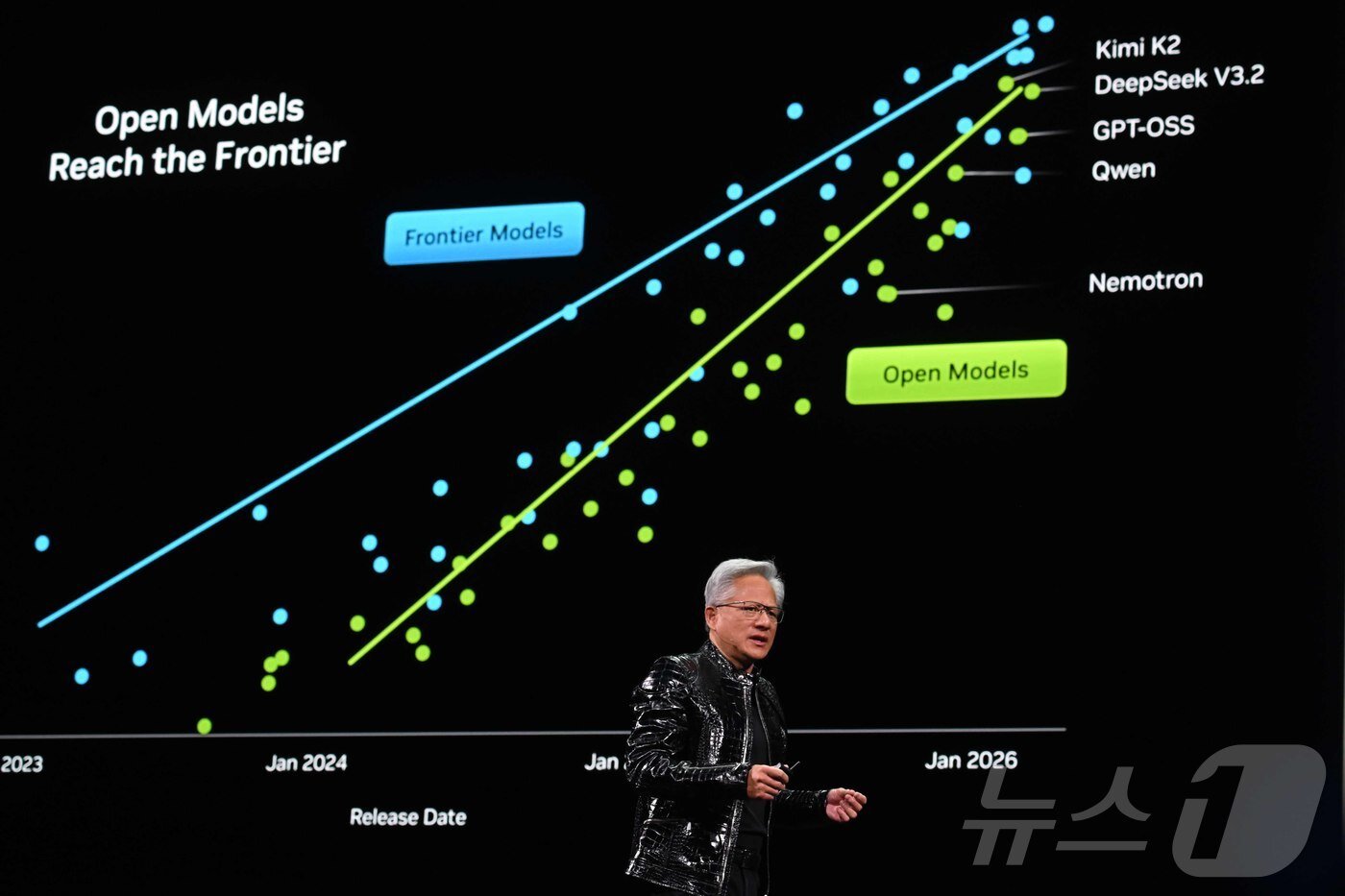 본문 이미지 - 젠슨 황 엔비디아 최고경영자(CEO)가 5일(현지시간) 미국 네바다주 라스베이거스 퐁텐블루에서 열린 엔비디아 CES 2026 라이브에서 특별연설을 하고 있다. (공동취재) 2026.1.6/뉴스1 ⓒ News1 황기선 기자