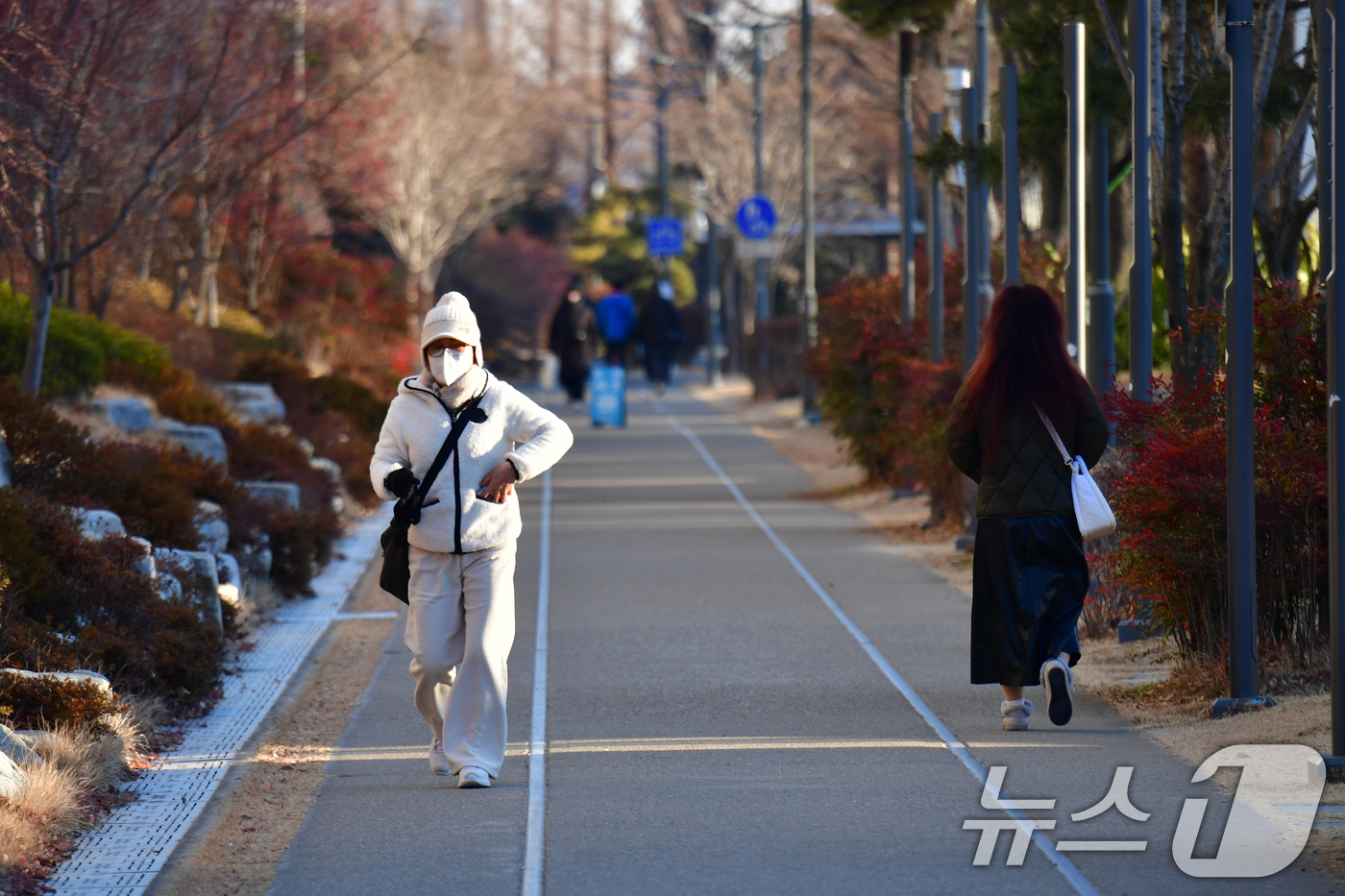 (포항=뉴스1) 최창호 기자 = 경북 포항시 아침 기온이 영하 3도까지 떨어진 6일 오전 남구 대장동 철길 숲 도로에서 두터운 방한복 차림의 시민들이 걸어가고 있다.   2026. …