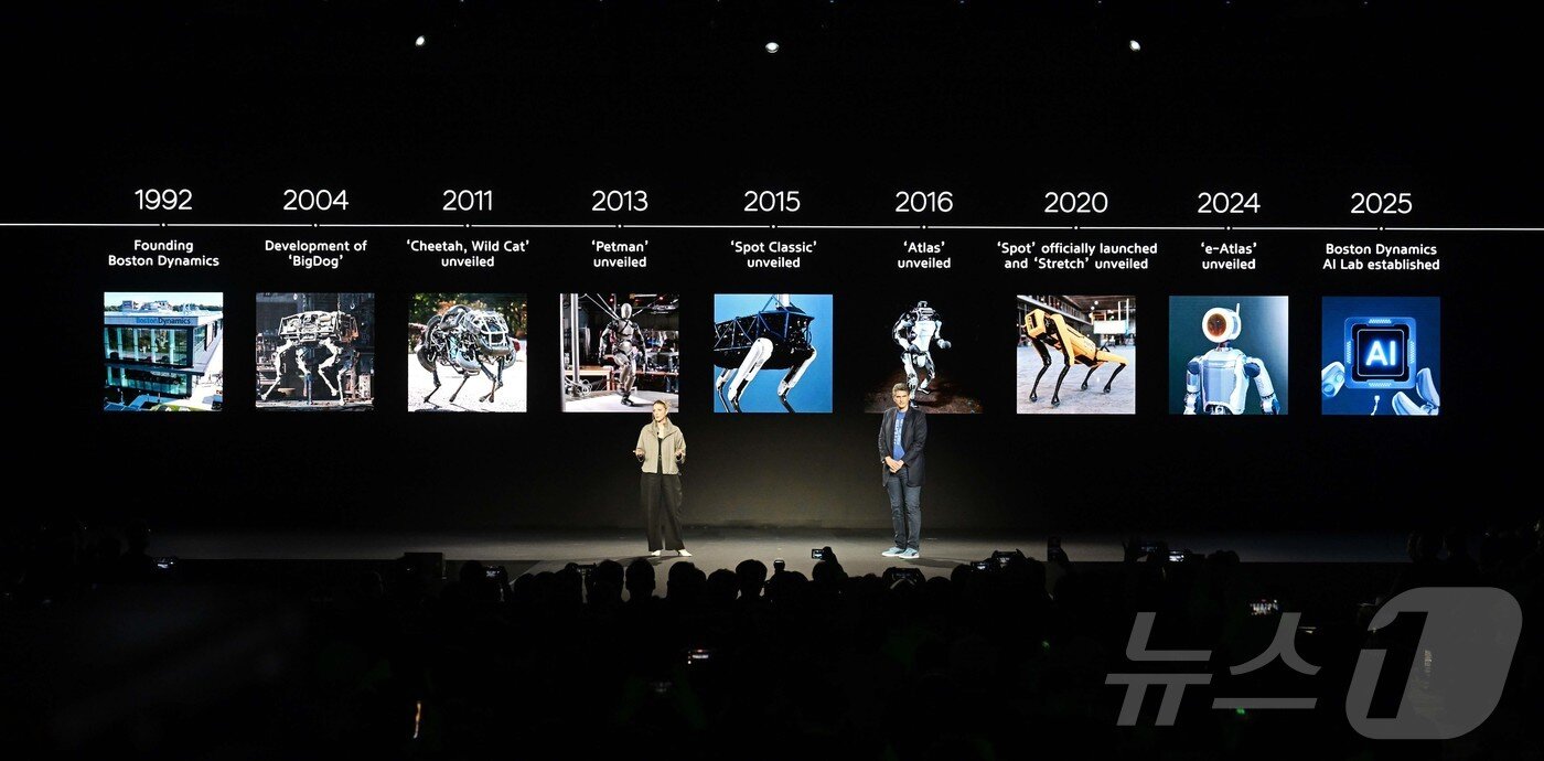 본문 이미지 - 세계 최대 가전·정보기술(IT) 전시회 'CES 2026' 개막을 하루 앞둔 5일(현지시간) 미국 네바다주 라스베이거스 만달레이베이에서 열린 현대차그룹 프레스 컨퍼런스에서 잭 잭코우스키 보스턴다이나믹스 아틀라스 개발 총괄과 아야 더빈 보스턴다이나믹스 휴머노이드 응용전략 담당이 차세대 전동식 아틀라스 개발형 모델을 소개하고 있다. (공동취재) 2026.1.6/뉴스1 ⓒ News1 황기선 기자