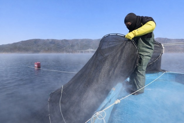 겨울 소양호에서 조업 중인 어부