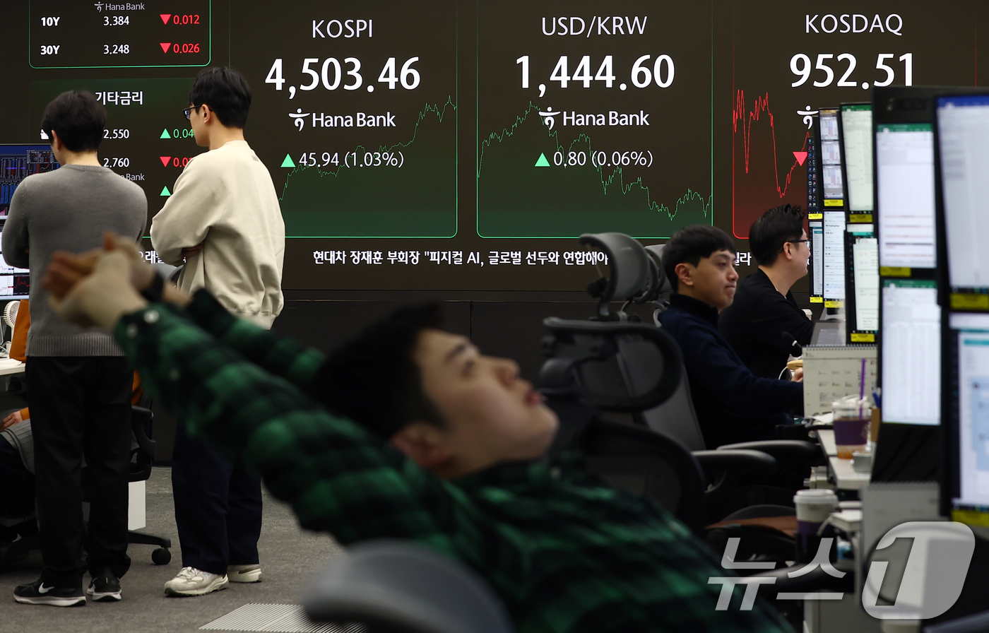 (서울=뉴스1) 김민지 기자 = 코스피가 사상 처음으로 장중 4500선을 돌파한 6일 오후 서울 중구 하나은행 딜링룸 전광판에 코스피 지수가 나오고 있다. 2026.1.6/뉴스1