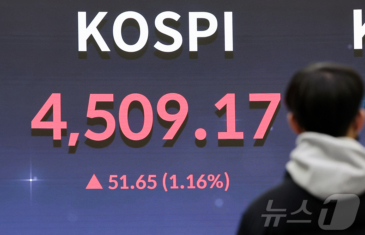 (서울=뉴스1) 김진환 기자 = 코스피가 사상 처음으로 장중 4500선을 돌파한 6일 오후 서울 영등포구 여의도 한국거래소 현황판에 코스피 시황이 표시되고 있다. 2026.1.6/ …