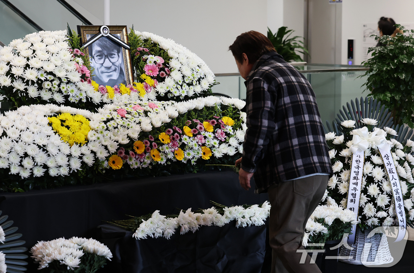 (서울=뉴스1) 오대일 기자 = 6일 오후 서울 중구 서울영화센터에 마련된 '국민배우' 고 안성기 시민 추모공간을 찾은 시민들이 고인의 영정에 헌화하고 있다. 충무로 서울영화센터는 …