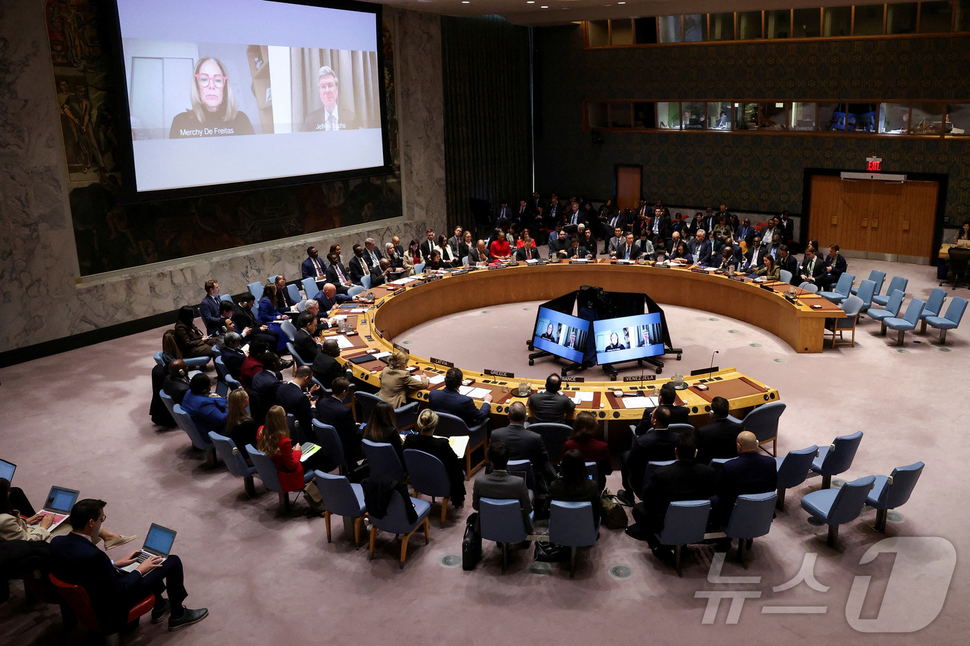 (뉴욕 로이터=뉴스1) 양은하 기자 = 5일(현지시간) 미국 뉴욕 유엔 본부에서 미국의 니콜라스 마두로 베네수엘라 대통령 체포와 베네수엘라 공습과 관련해 유엔 안전보장이사회 회의가 …