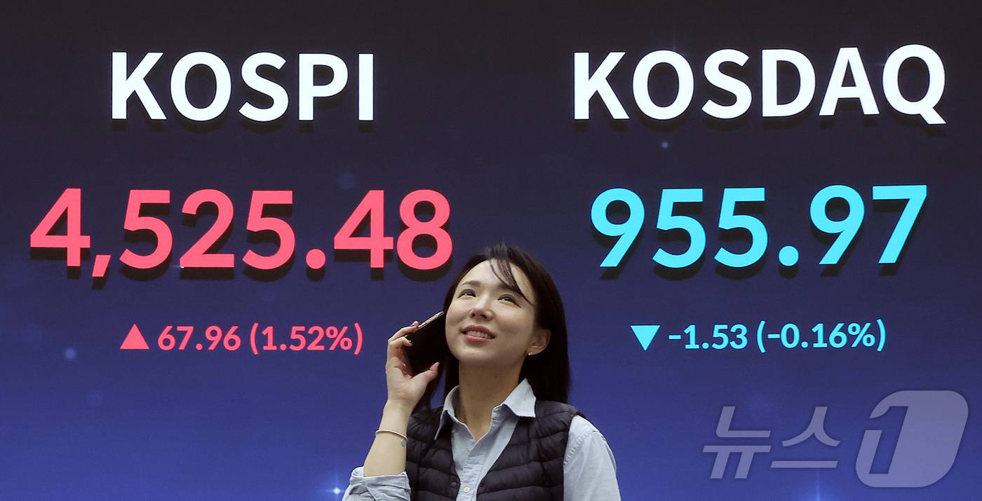 (서울=뉴스1) 김진환 기자 = 코스피가 전일 대비 67.96포인트(1.52%) 오르며 4525.48에 장을 마감한 6일 오후 서울 영등포구 여의도 한국거래소 현황판에 종가가 나오 …