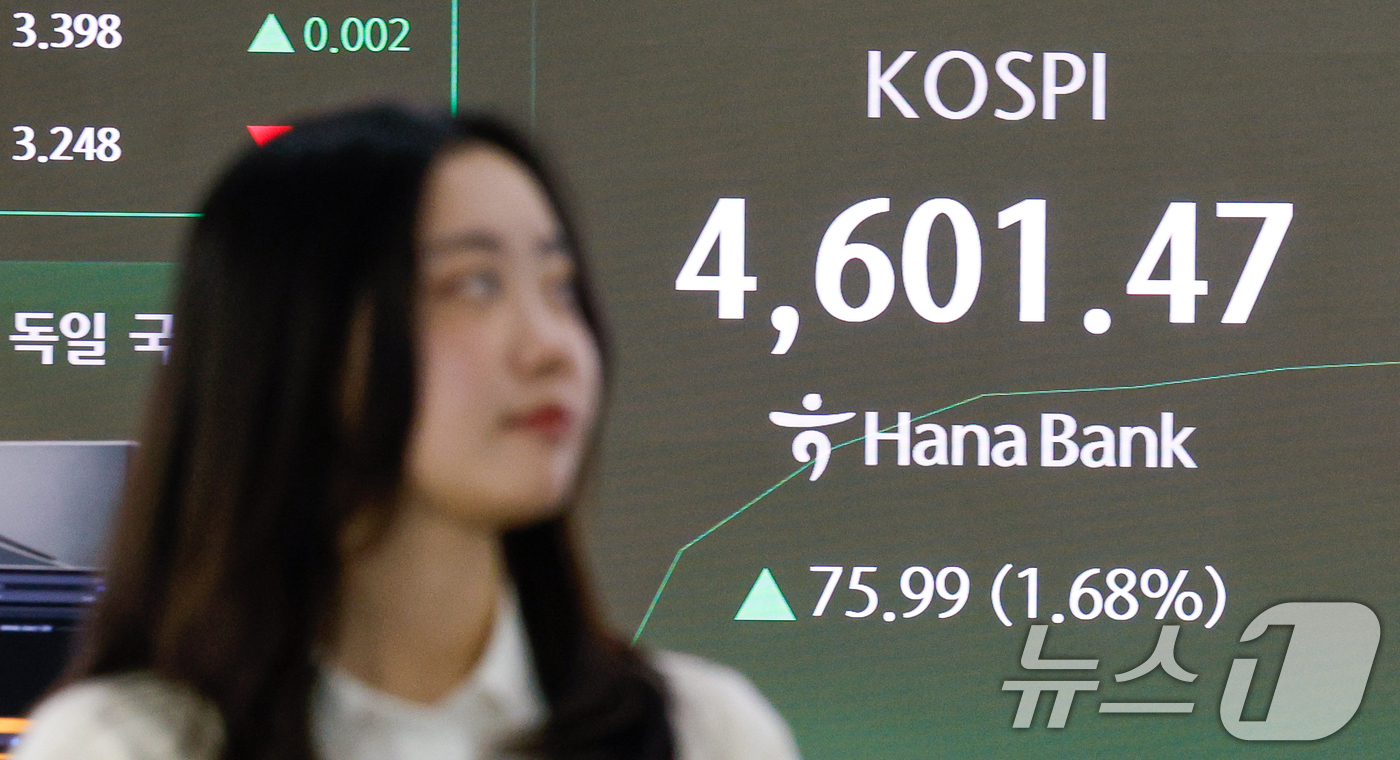 (서울=뉴스1) 안은나 기자 = 코스피가 장중 4600선을 돌파한 7일 오전 서울 중구 하나은행 딜링룸 전광판에 코스피 지수가 나오고 있다. 2026.1.7/뉴스1