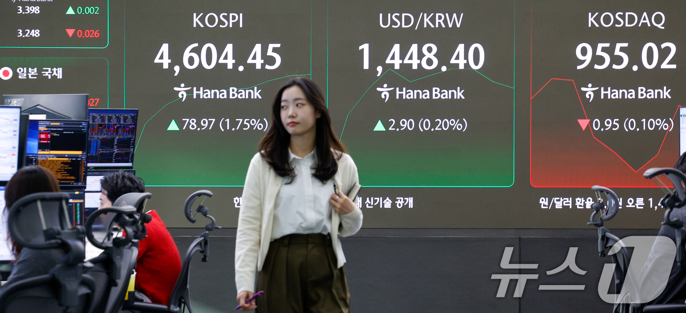(서울=뉴스1) 안은나 기자 = 코스피가 장중 4600선을 돌파한 7일 오전 서울 중구 하나은행 딜링룸 전광판에 코스피, 코스닥 지수와 원·달러 환율이 나오고 있다. 2026.1. …
