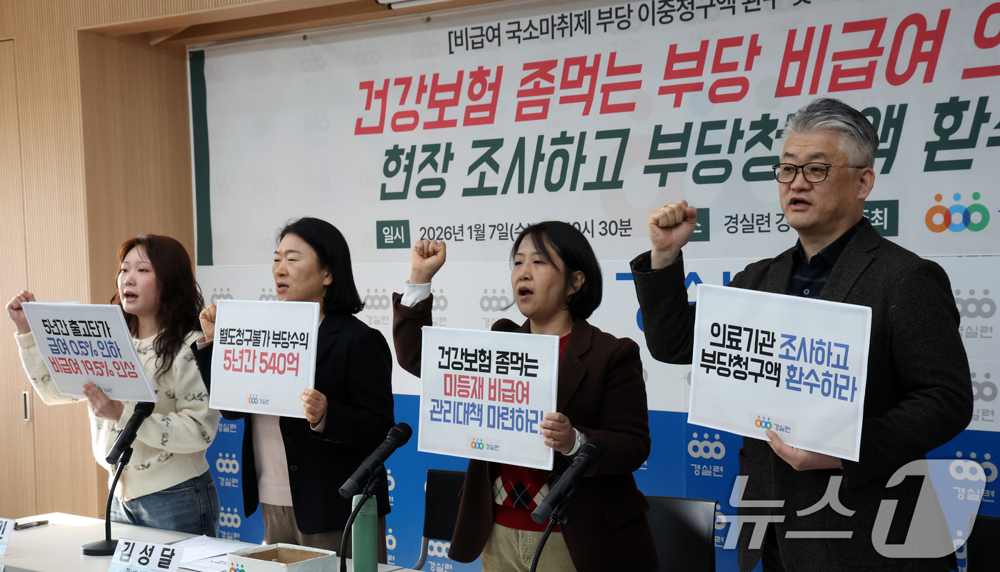 (서울=뉴스1) 김명섭 기자 = 7일 서울 종로구 경제정의실천시민연합(경실련)에서 경실련 활동가들이 비급여 국소마취제 부당 이중청구액 환수 및 개선 촉구 기자회견을 하고 있다.경실 …