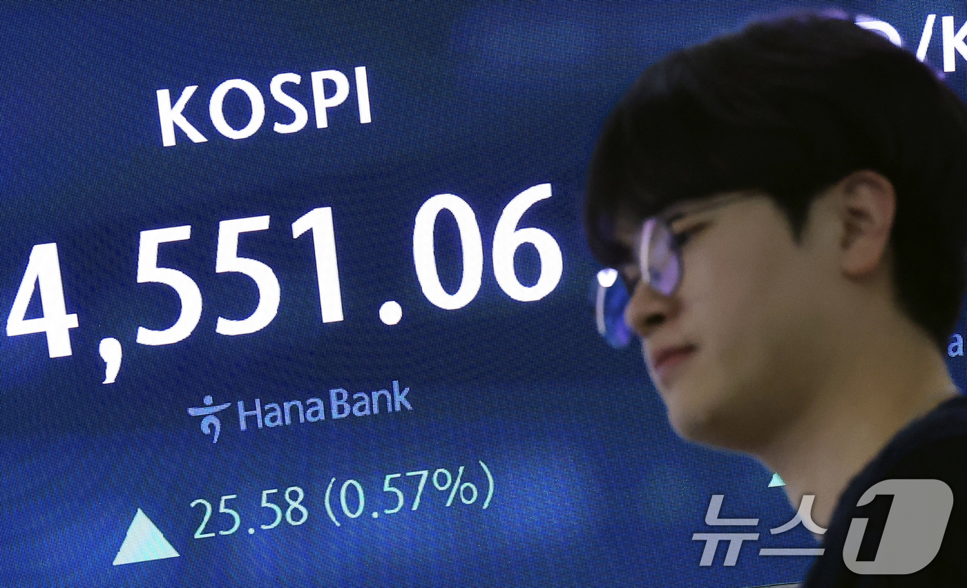 (서울=뉴스1) 박정호 기자 = 7일 오후 서울 중구 하나은행 본점 딜링룸 전광판에 증시 종가가 표시되고 있다.이날 코스피는 전 거래일 대비 25.58포인트(0.57%) 오른 45 …