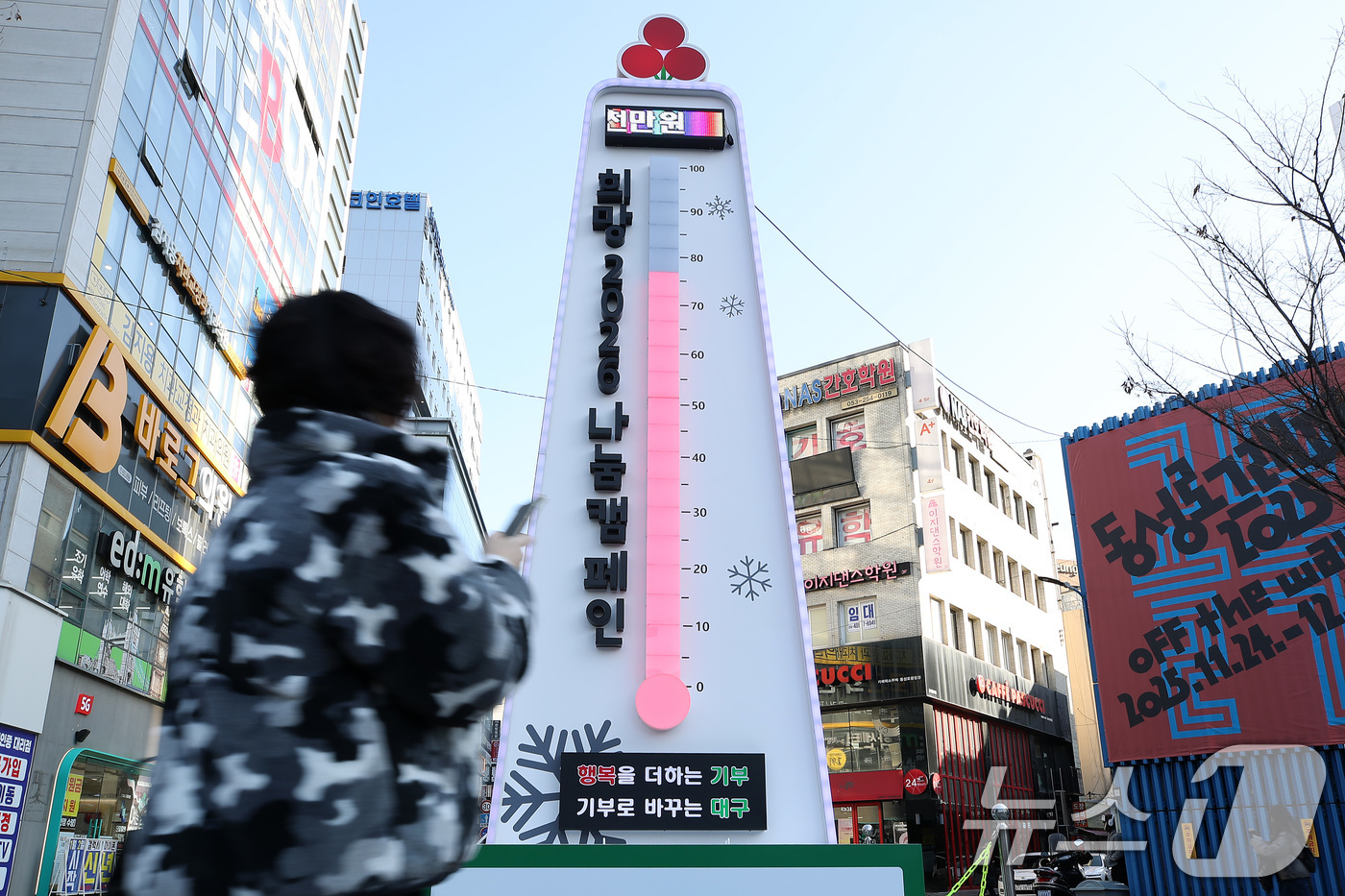 (대구=뉴스1) 공정식 기자 = 7일 오후 대구 중구 동성로 사랑의 온도탑 수은주가 80도 언저리에 머물고 있다.이달 31일까지 진행되는 대구사회복지공동모금회 '희망 2026 나눔 …