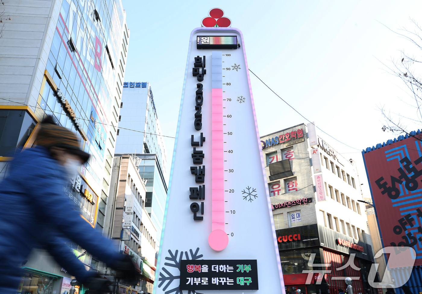 (대구=뉴스1) 공정식 기자 = 7일 오후 대구 중구 동성로 사랑의 온도탑 수은주가 80도 언저리에 머물고 있다.이달 31일까지 진행되는 대구사회복지공동모금회 '희망 2026 나눔 …