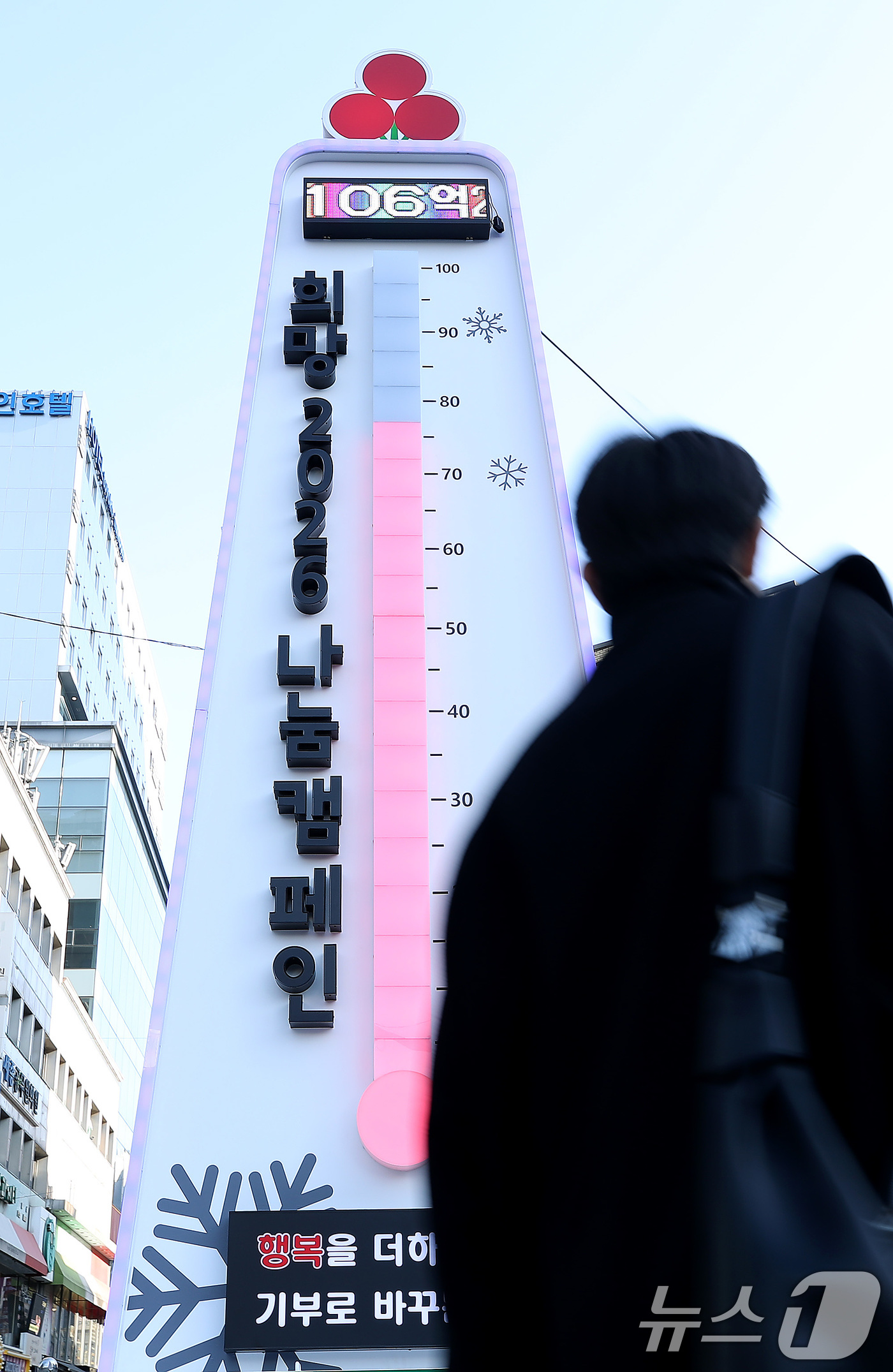 (대구=뉴스1) 공정식 기자 = 7일 오후 대구 중구 동성로 사랑의 온도탑 수은주가 80도 언저리에 머물고 있다.이달 31일까지 진행되는 대구사회복지공동모금회 '희망 2026 나눔 …