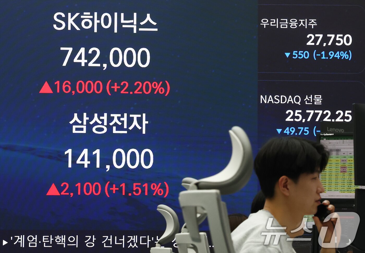 본문 이미지 - 삼성전자 주가가 14만원대를 기록한 7일 오후 서울 중구 우리은행 본점 딜링룸 전광판에 종가가 나오고 있다. 2026.1.7/뉴스1 ⓒ News1 김민지 기자