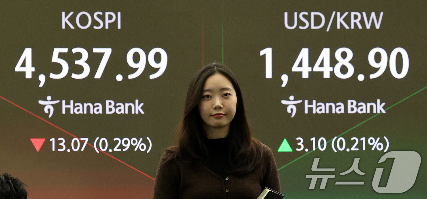 (서울=뉴스1) 박지혜 기자 = 8일 오전 서울 중구 하나은행 딜링룸 전광판에 코스피지수가 나오고 있다.이날 코스피지수는 전 거래일 대비 19.60p(0.43%) 하락한 4531. …