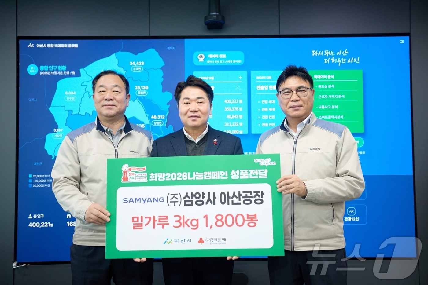 (아산=뉴스1) 이동원 기자 = ㈜삼양사 아산공장(공장장 권경노)은 지난 6일 아산시(시장 오세현)를 방문하여 복지 사각지대 지원을 위해 밀가루 총 5,400KG(3㎏짜리 1,80 …