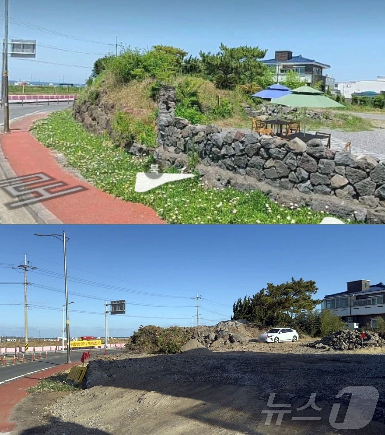 본문 이미지 - 제주시 이호동 375-41번지 해안사구(모래언덕)가 훼손되기 전(사진 위)과 훼손된 후 지난 6일 촬영한 현장 모습.(이호1동 서마을회 제공. 재판매 및 DB 금지) /뉴스1