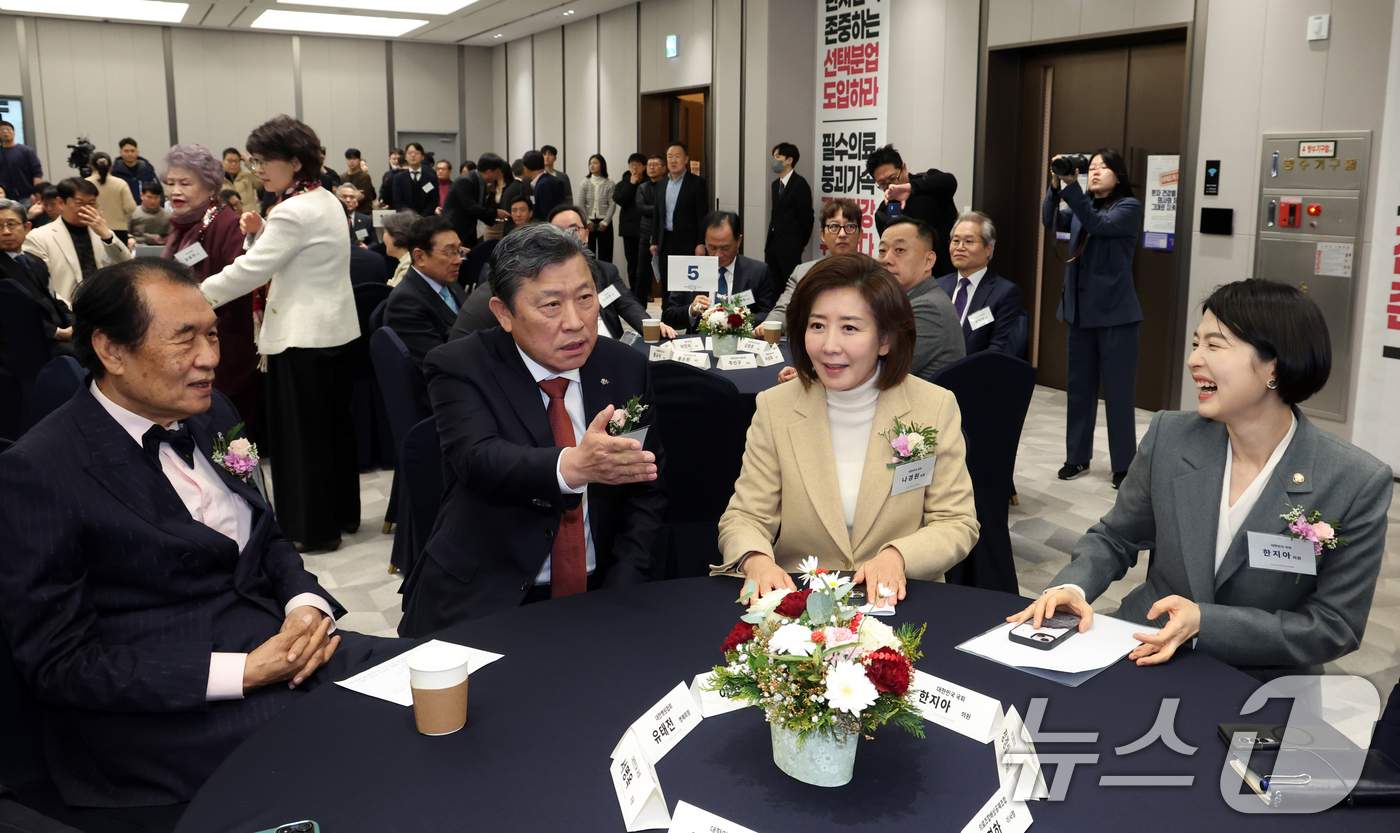 (서울=뉴스1) 김명섭 기자 = 8일 서울 용산구 대한의사협회에서 열린 2026년도 의료계 신년하례회에서 이성규 대한병원협회장과 나경원 국민의힘 국회의원이 대화를 하고 있다. 20 …