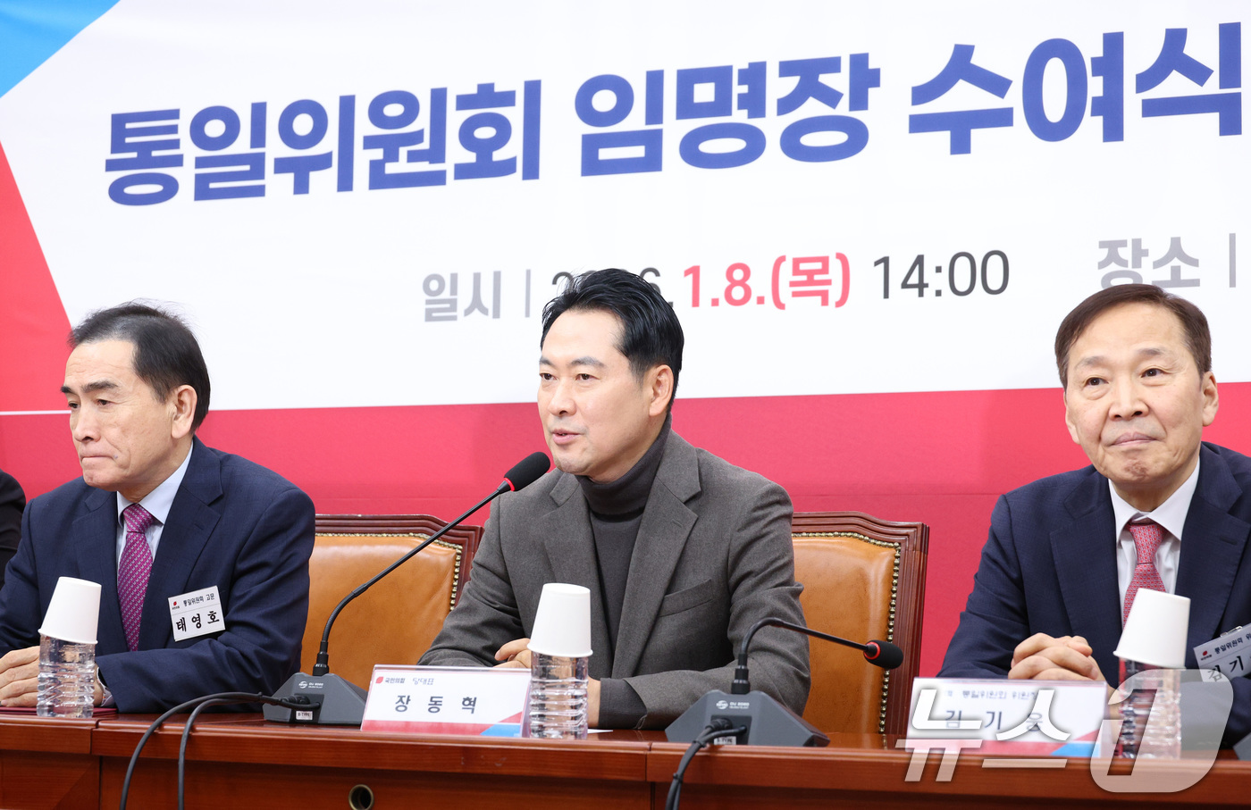 (서울=뉴스1) 신웅수 기자 = 장동혁 국민의힘 대표가 8일 서울 여의도 국회에서 열린 통일위원회 1차 전체회의에서 발언하고 있다. 2026.1.8/뉴스1