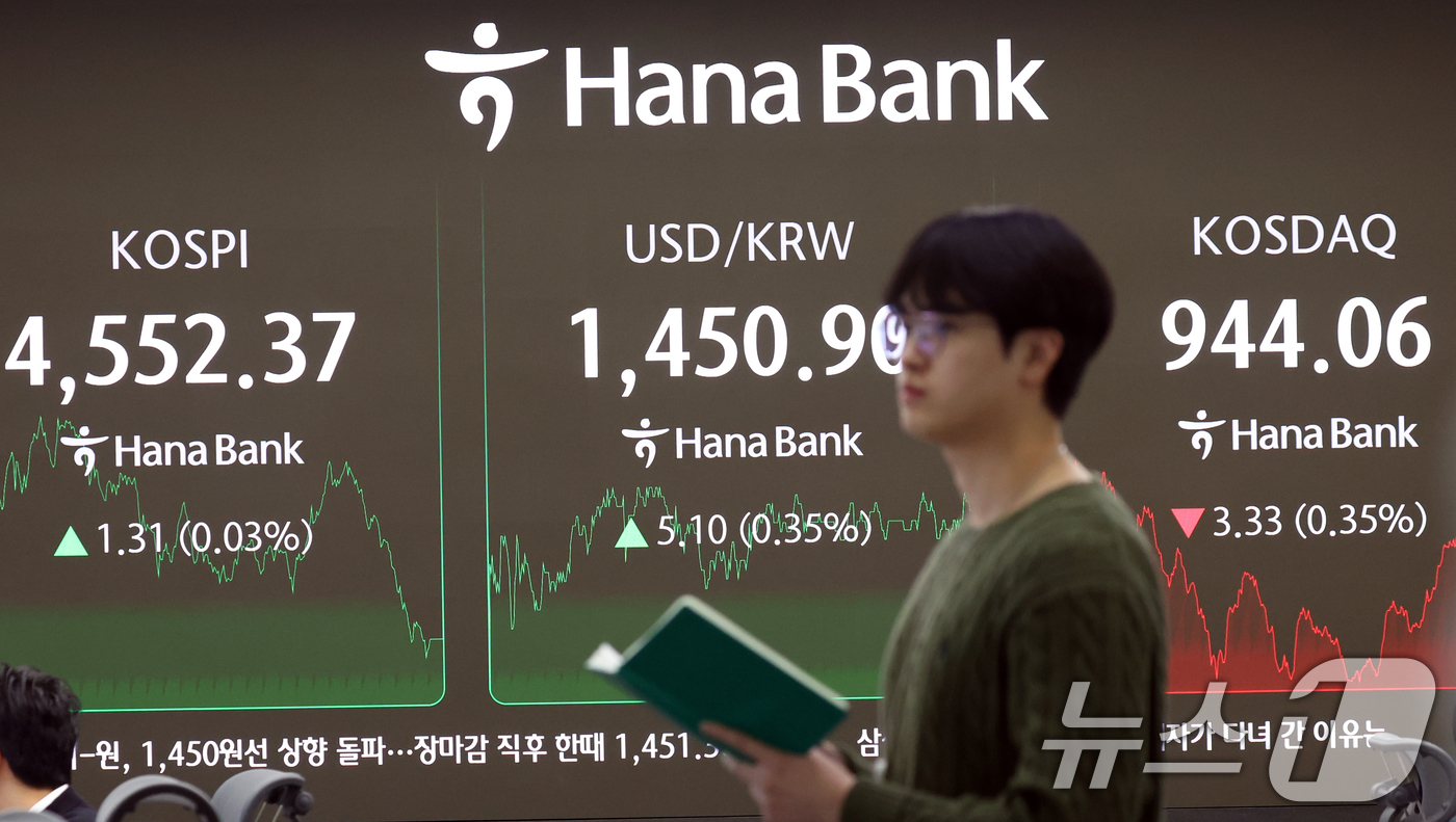 (서울=뉴스1) 김명섭 기자 = 8일 오후 서울 중구 하나은행 본점 딜링룸 전광판에 증시 종가 시황이 나타나고 있다. 이날 코스피 지수는 전거래일 대비 1.31(0.03%) 포인트 …