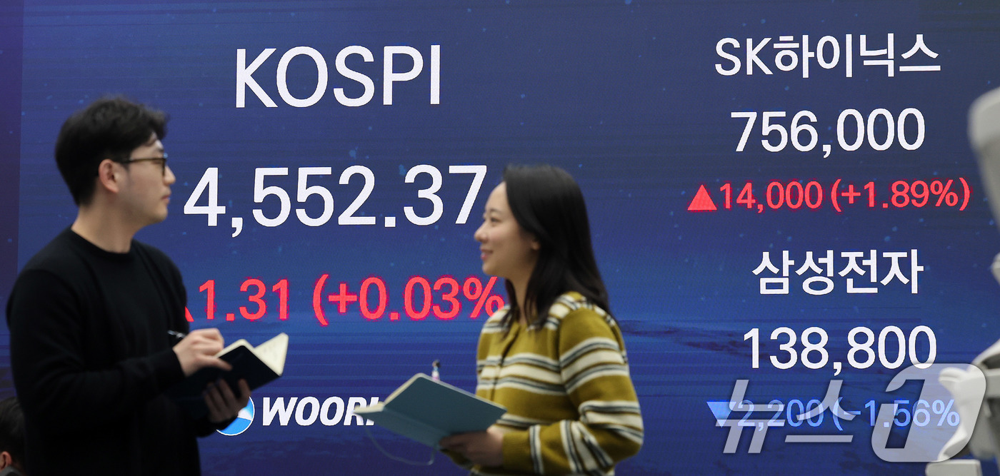 (서울=뉴스1) 박지혜 기자 = 8일 서울 중구 우리은행 본점 딜링룸 전광판에 코스피지수 종가가 나오고 있다.이날 코스피는 전일 종가와 비교해 1.31포인트(p)(0.03%) 상승 …