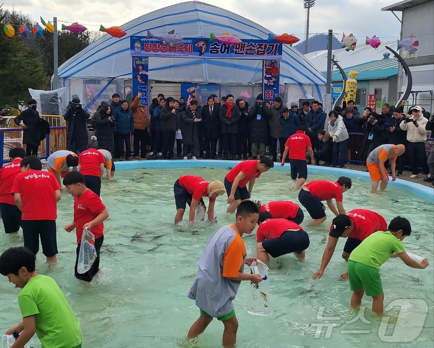 (평창=뉴스1) 신관호 기자 = 강원 평창군 대표 겨울축제인 제17회 평창송어축제가 9일 평창군 진부면 오대천 일원에서 개막한 가운데 관광객들이 축제장에서 맨손으로 송어를 잡는 프 …