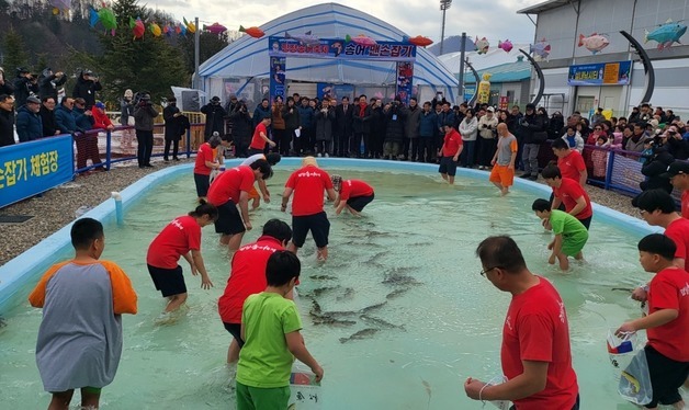 \"손으로 물고기 잡기\"…평창송어축제 인기