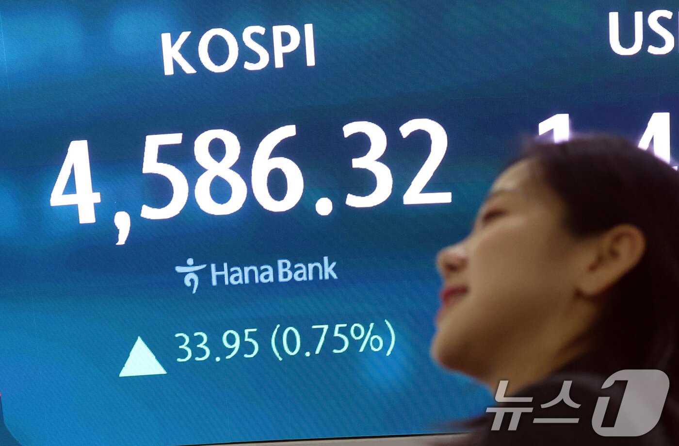 본문 이미지 - 9일 오후 서울 중구 하나은행 본점 딜링룸 전광판에 증시 종가 시황이 나타나고 있다. 이날 코스피 지수는 전거래일 대비 33.95(0.75%) 포인트 상승한 4,586.32로, 코스닥지수는 3.86(0.41%)포인트 상승한 947.92로 장을 마감했다. 2026.1.9/뉴스1 ⓒ News1 김명섭 기자