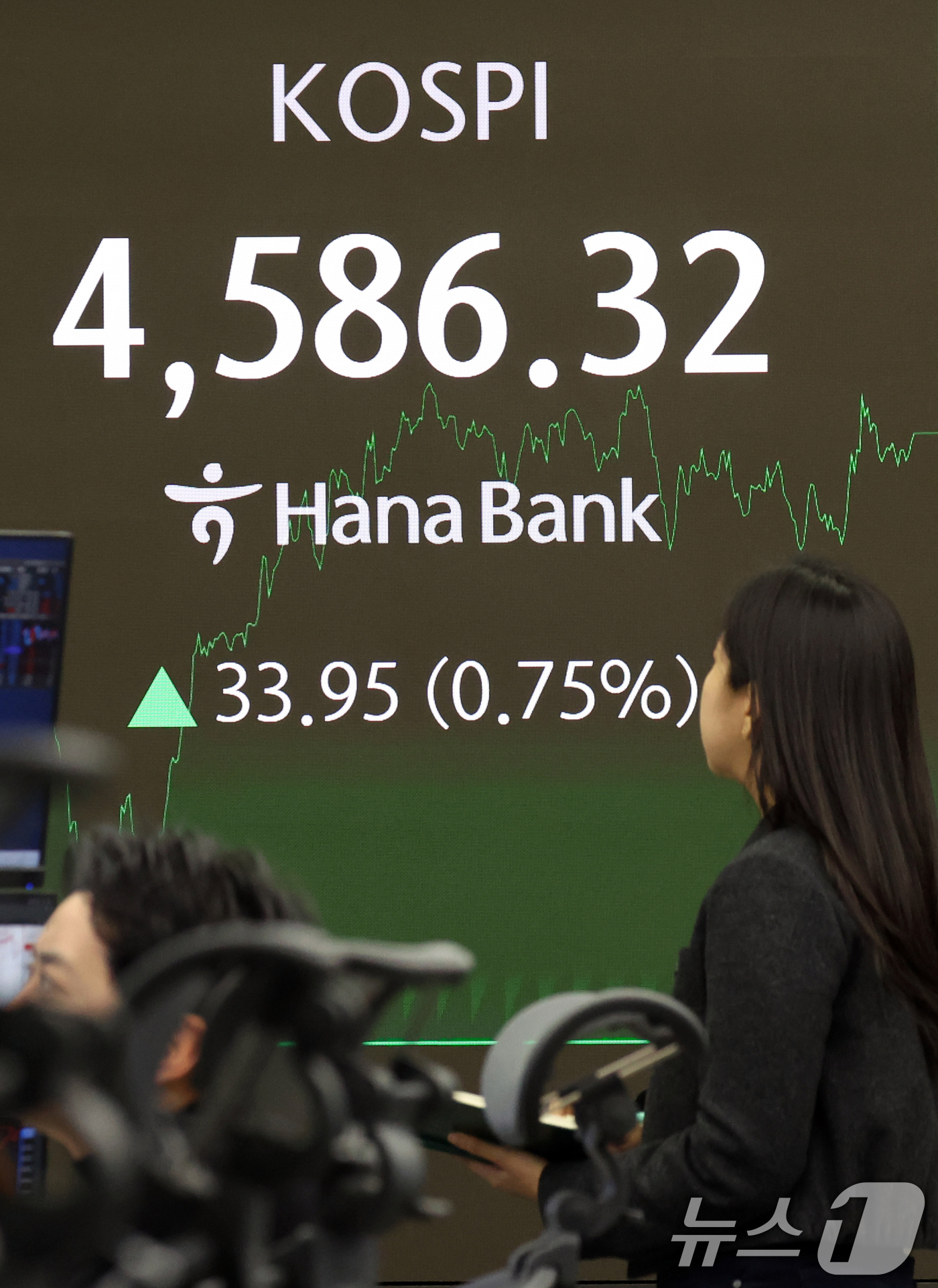 (서울=뉴스1) 김명섭 기자 = 9일 오후 서울 중구 하나은행 본점 딜링룸 전광판에 증시 종가 시황이 나타나고 있다. 이날 코스피 지수는 전거래일 대비 33.95(0.75%) 포인 …