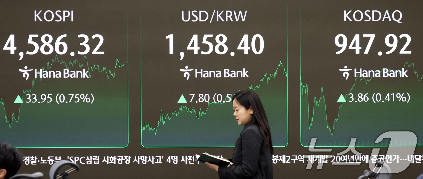 (서울=뉴스1) 김명섭 기자 = 9일 오후 서울 중구 하나은행 본점 딜링룸 전광판에 증시 종가 시황이 나타나고 있다. 이날 코스피 지수는 전거래일 대비 33.95(0.75%) 포인 …