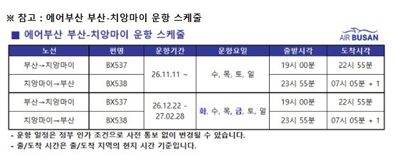 본문 이미지 - 오는 11월 11일 에어부산이 신규 취항하는 부산~치앙마이 노선 운항 스케줄(자료사진. 에어부산 제공). 2026.10.1.