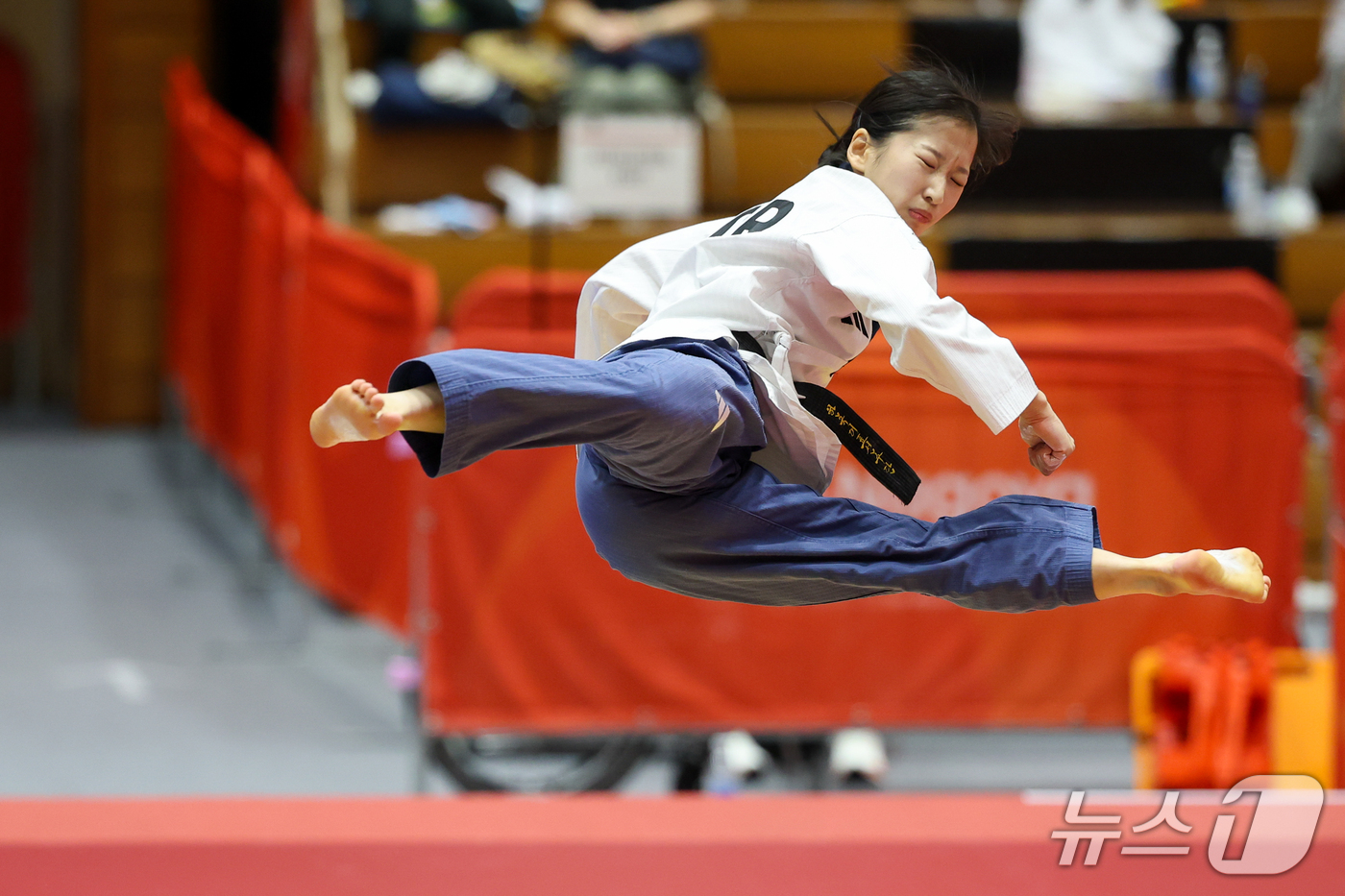 (도요하시=뉴스1) 안은나 기자 = 대한민국 정하은이 1일 일본 도요하시 체육관에서 열린 2026 아이치·나고야 아시안게임 태권도 여자 개인 품새 결승전에서 경연을 펼치고 있다. …