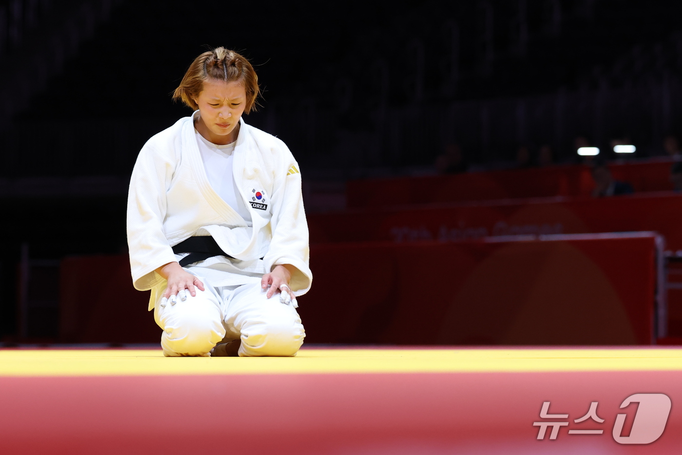 (나고야=뉴스1) 김민지 기자 = 대한민국 김지수가 1일 일본 아이치 인터내셔널 아레나에서 열린 2026아이치·나고야 아시안게임 여자 63kg급 동메달 결정전에서 몽골의 라그바토고 …