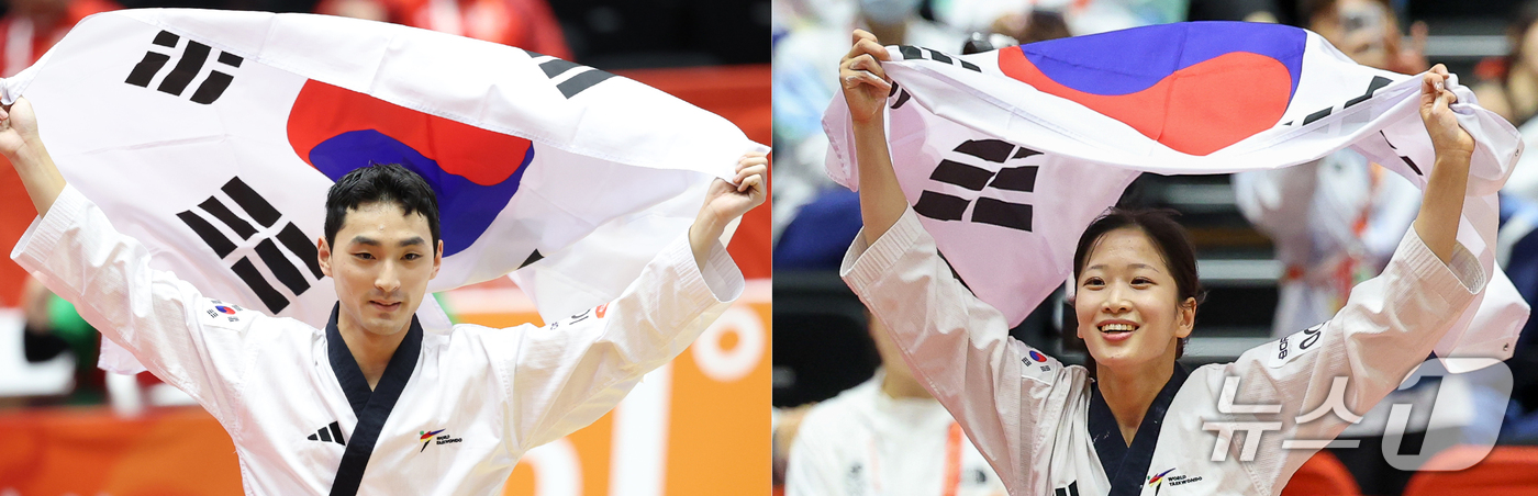 (도요하시=뉴스1) 안은나 기자 = 대한민국 윤규성(왼쪽), 정하은이 1일 일본 도요하시 체육관에서 열린 2026 아이치·나고야 아시안게임 태권도 남자, 여자 개인 품새 결승전에서 …