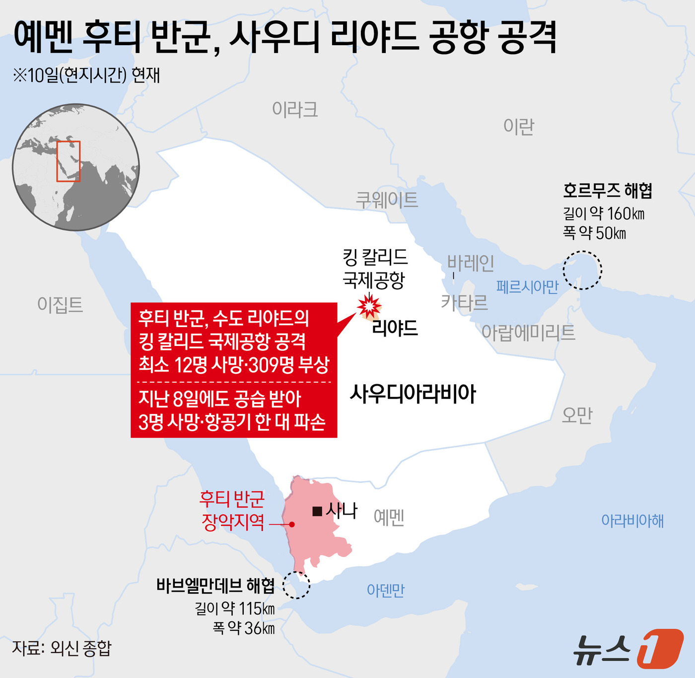 (서울=뉴스1) 김지영 디자이너 = 예멘의 친이란 후티 반군이 10일(현지시간) 사우디아라비아 수도 리야드의 킹 칼리드 국제공항을 또다시 공격해 최소 12명이 사망하고 309명이 …