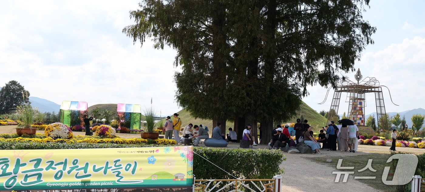 본문 이미지 - 한글날 연휴인 11일 경주시 분군 일원에서는 열리고 있는 '경주 황금 정원 나들이 행사장'을 관광객들이 나무 그늘 아래에서 앉아 쉬고 있다. 2026.10.11 ⓒ 뉴스1 최창호 기자