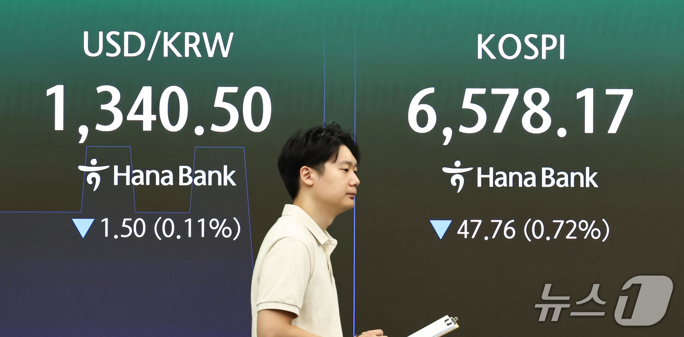 (서울=뉴스1) 이종수 기자 = 12일 오전 서울 중구 하나은행 딜링룸 전광판에 코스피 지수 등 시황이 표시되고 있다. 이날 코스피는 전 거래일 대비 47.76p(0.72%) 내린 …