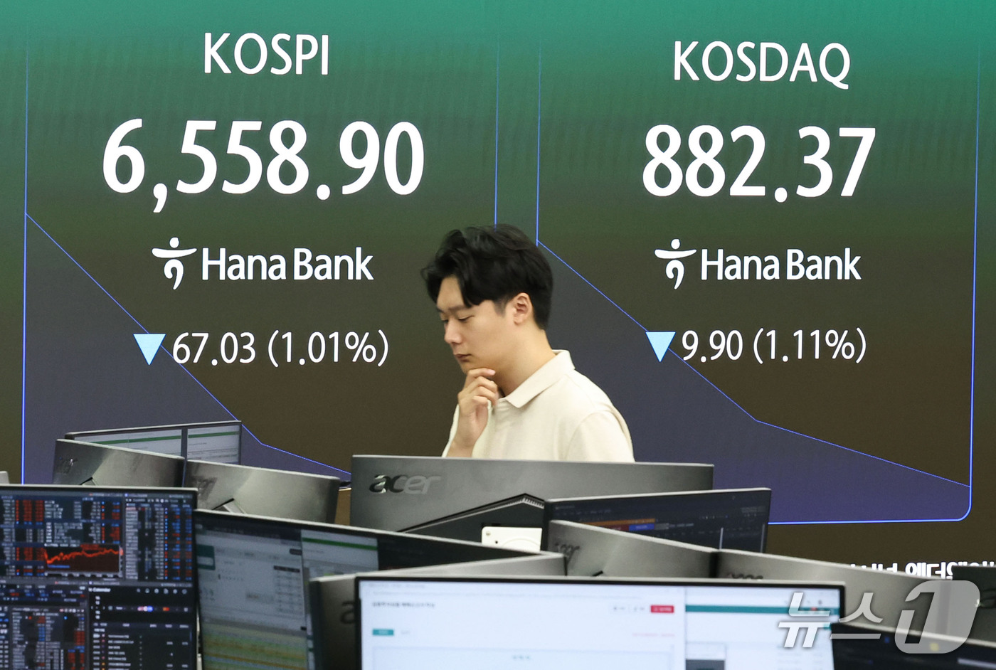 (서울=뉴스1) 이종수 기자 = 12일 오전 서울 중구 하나은행 딜링룸 전광판에 코스피 지수 등 시황이 표시되고 있다. 이날 코스피는 전 거래일 대비 47.76p(0.72%) 내린 …