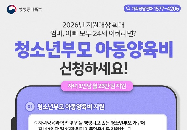 청소년부모 자녀 1인당 월 25만원 양육비…내년부터 지원 대상 확대