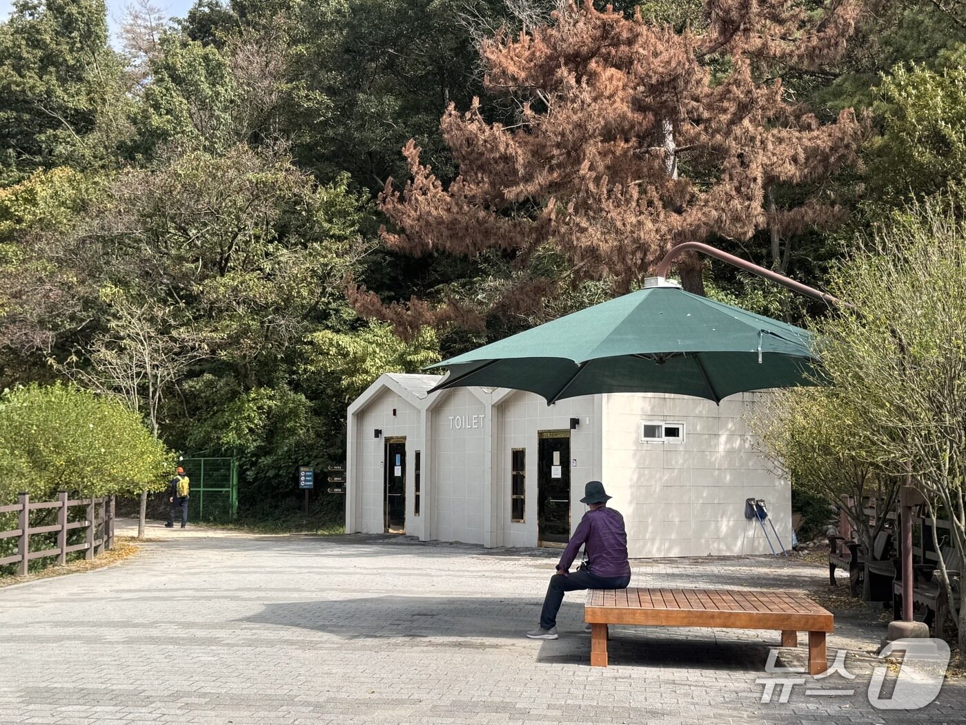 본문 이미지 - 낮 최고 기온이 27도까지 오르며 늦더위가 이어진 12일 오전 울산 북구 박상진호수공원. 한 시민이 더위를 피해 그늘의 평상에 앉아있다. 2026.10.12 ⓒ 뉴스1 김세은 기자