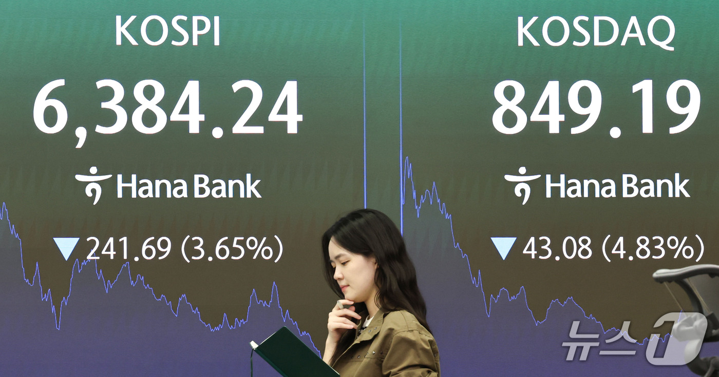 (서울=뉴스1) 이종수 기자 = 12일 오후 서울 중구 하나은행 딜링룸 전광판에 코스피 지수 등 시황이 표시되고 있다. 이날 코스피는 전 거래일 대비 241.69포인트(p)(3.6 …