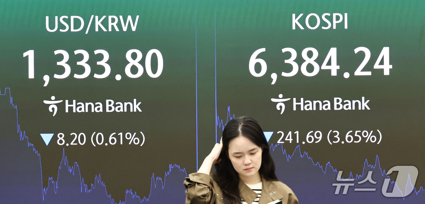 (서울=뉴스1) 이종수 기자 = 12일 오후 서울 중구 하나은행 딜링룸 전광판에 코스피 지수 등 시황이 표시되고 있다. 이날 코스피는 전 거래일 대비 241.69포인트(p)(3.6 …