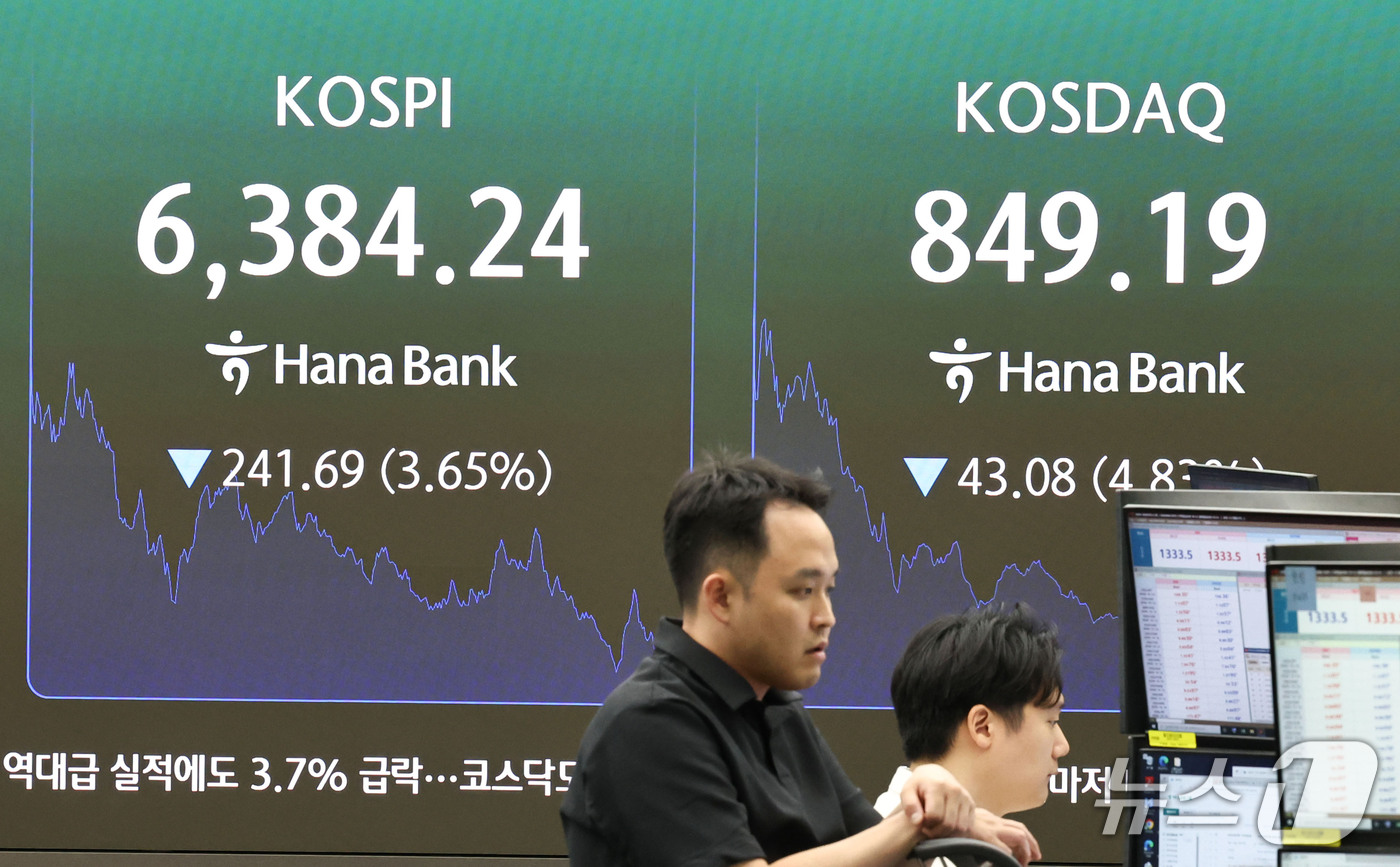 (서울=뉴스1) 이종수 기자 = 12일 오후 서울 중구 하나은행 딜링룸 전광판에 코스피 지수 등 시황이 표시되고 있다. 이날 코스피는 전 거래일 대비 241.69포인트(p)(3.6 …
