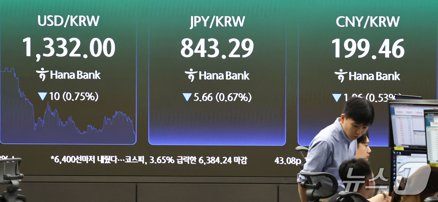 (서울=뉴스1) 이종수 기자 = 12일 오후 서울 중구 하나은행 딜링룸 전광판에 하락세를 보이는 원·달러, 원·엔, 원·위안 환율이 표시되고 있다. 2026.10.12/뉴스1